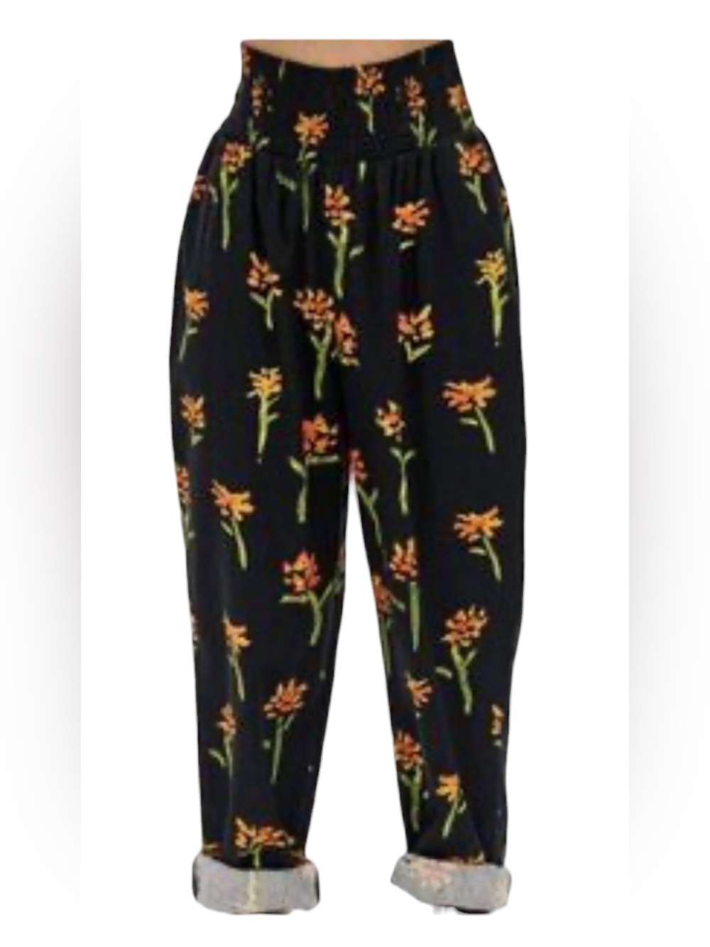 Lucy & Yak Smocked-Waist Floral Straight Leg- Black with Orange Floral Pant Sm